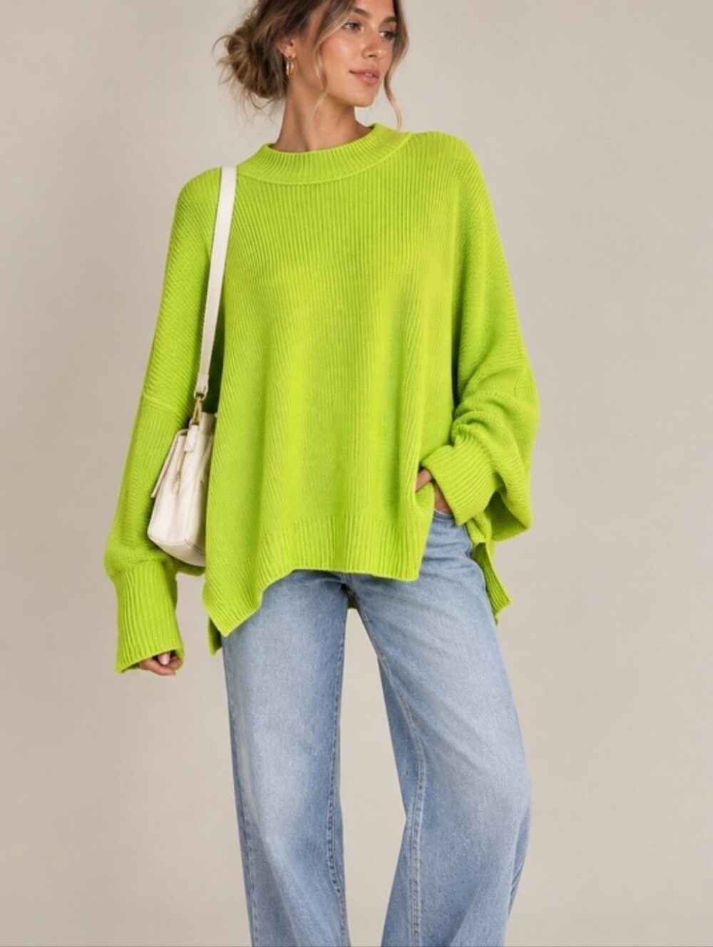 Free People Easy Street Neon Lime Ribbed Crewneck Sweater Size Med